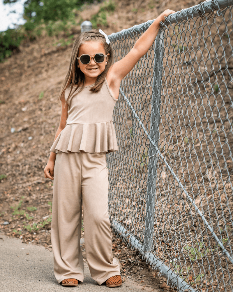 Hattie Peplum Top Two-Piece Wide Leg Set - Oatmilk