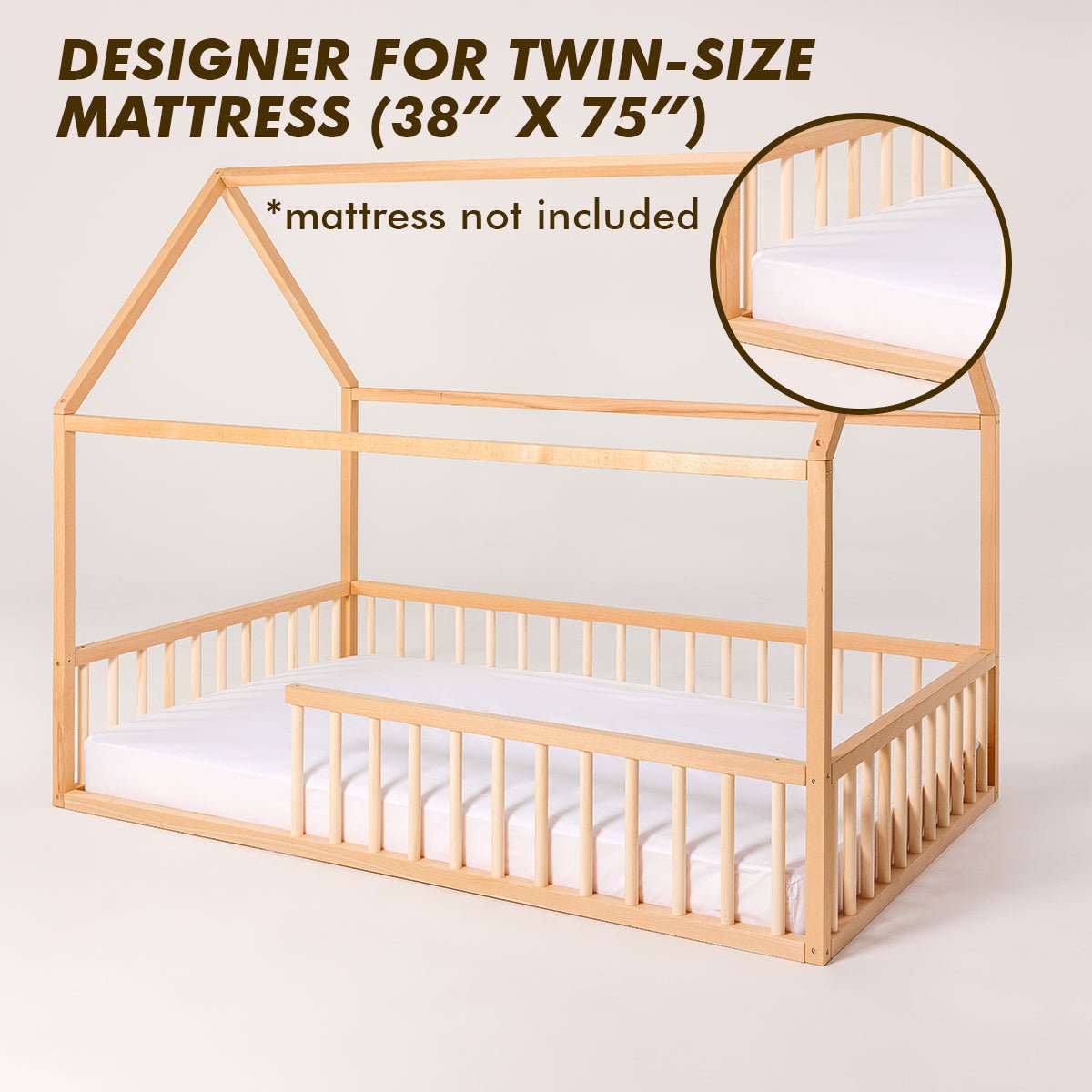 Twin Size Montessori House Bed for Kids with Fence (75x38 inch) Beds Goodevas   