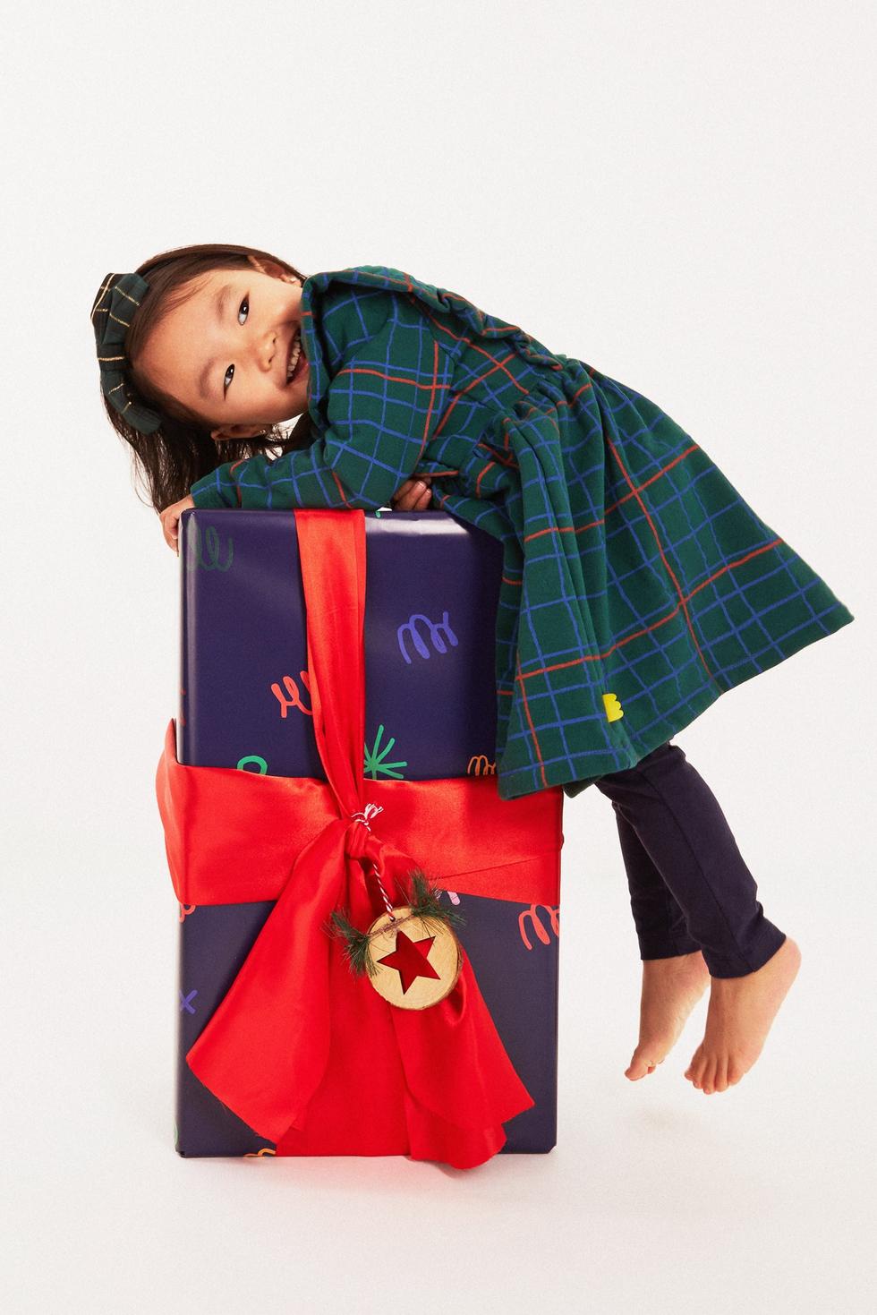 Recycled Cotton Grid Baby Ruffle Dress - Pine Green Multi