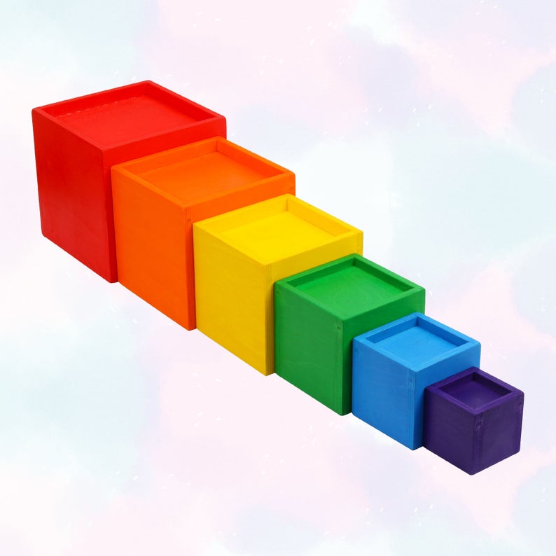 **Pre-order (Ships in 2-3 Weeks)**6-Piece Basswood Wooden Rainbow Nesting Box Set | Painted & Hand-Stained Finishes | Montessori Stacking Toy