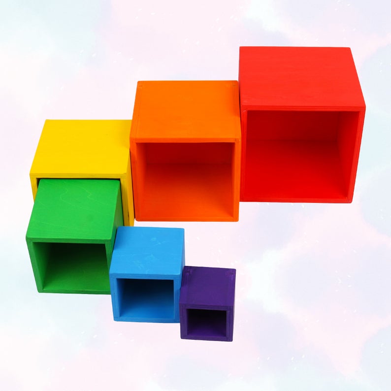 **Pre-order (Ships in 2-3 Weeks)**6-Piece Basswood Wooden Rainbow Nesting Box Set | Painted & Hand-Stained Finishes | Montessori Stacking Toy