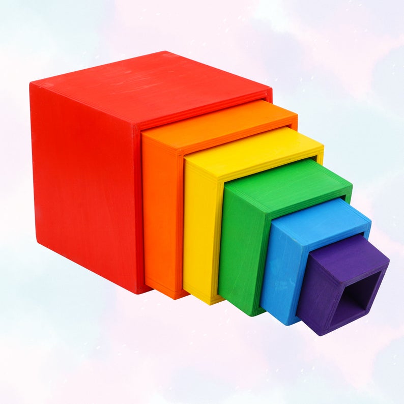 **Pre-order (Ships in 2-3 Weeks)**6-Piece Basswood Wooden Rainbow Nesting Box Set | Painted & Hand-Stained Finishes | Montessori Stacking Toy
