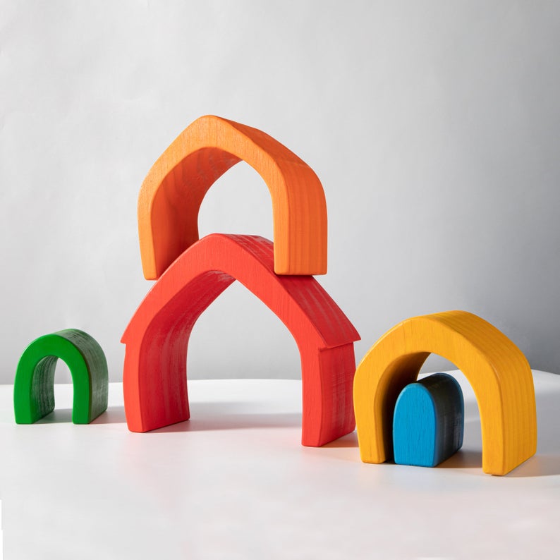**Pre-order (Ships in 1-2 Weeks)**5 Pcs STAINED Rainbow Wooden Stacking House
