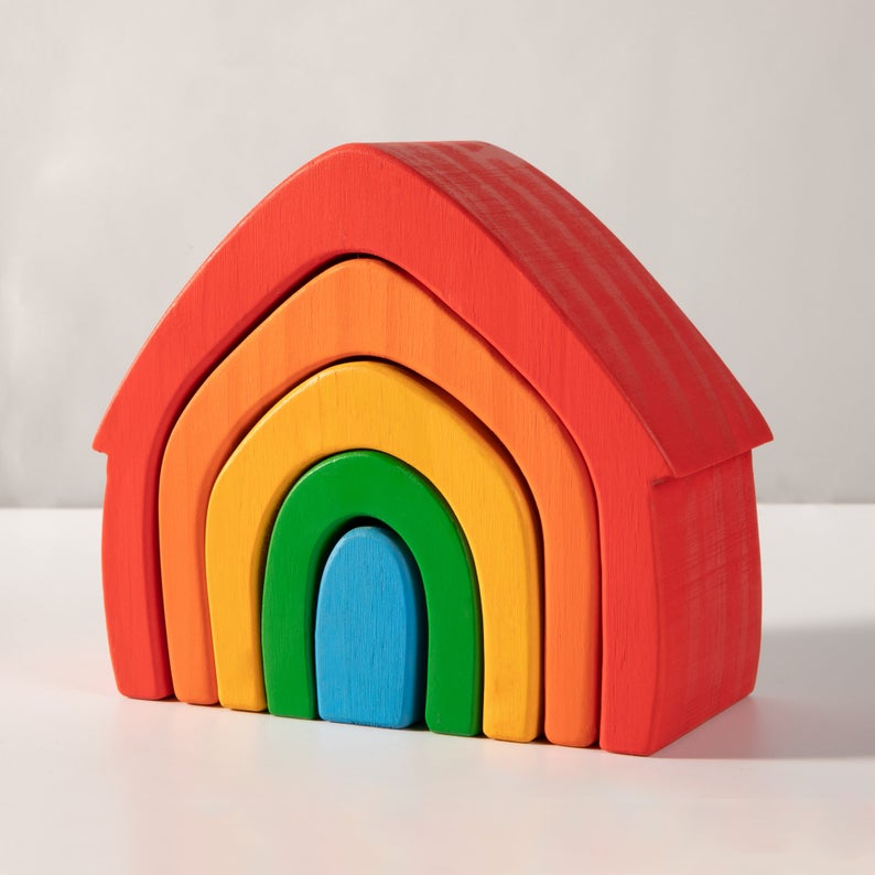 **Pre-order (Ships in 1-2 Weeks)**5 Pcs STAINED Rainbow Wooden Stacking House