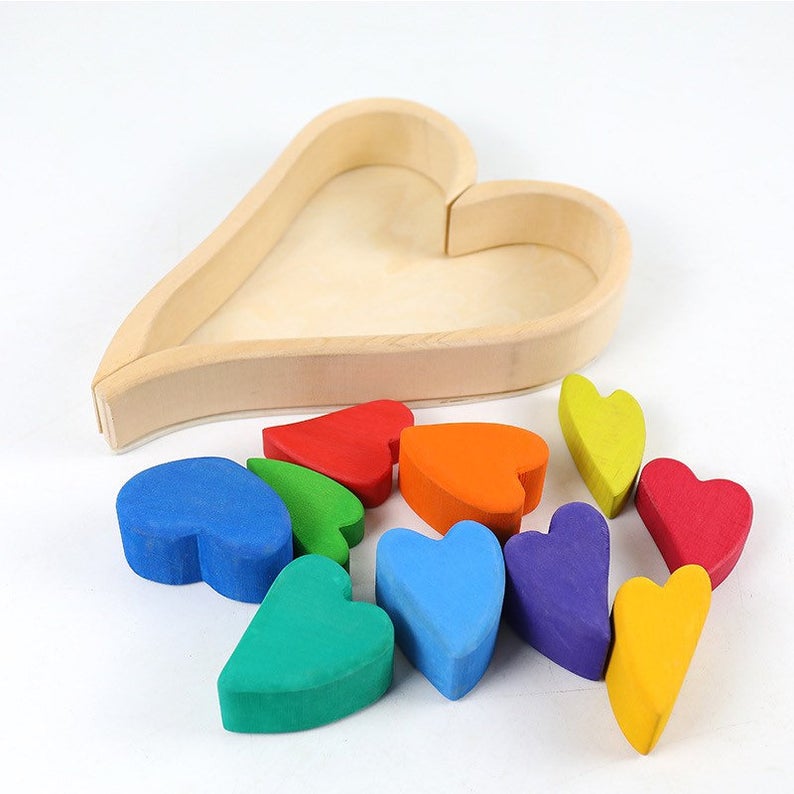 **Pre-order (Ships in 1-2 Weeks)**10-Piece Stained Wooden Rainbow Heart Stacking Puzzle Blocks