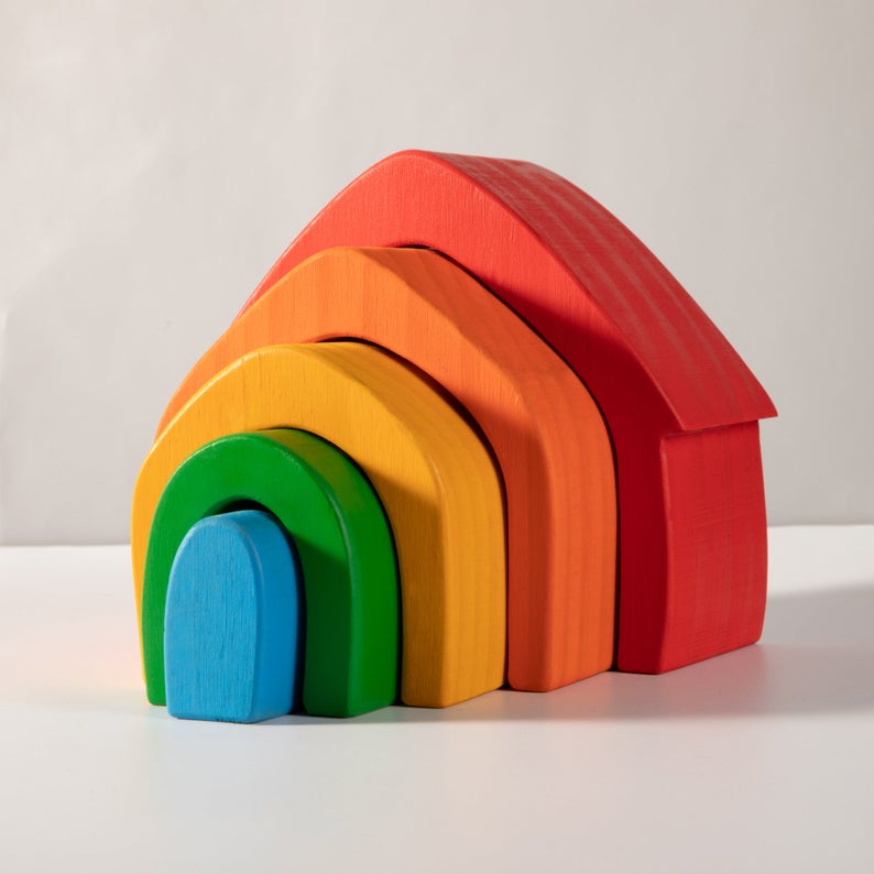 **Pre-order (Ships in 1-2 Weeks)**5 Pcs STAINED Rainbow Wooden Stacking House
