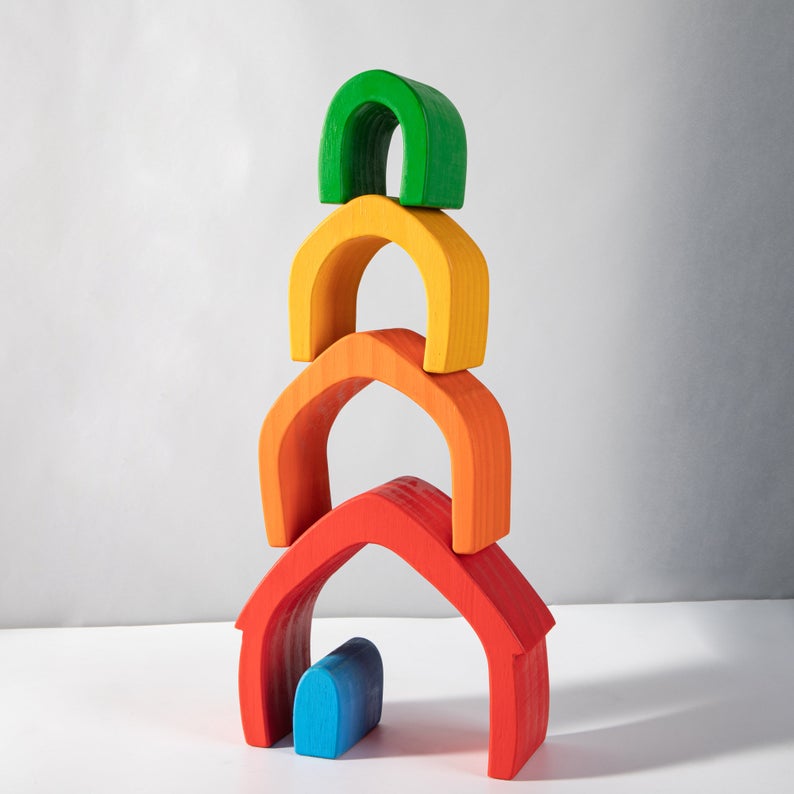 **Pre-order (Ships in 1-2 Weeks)**5 Pcs STAINED Rainbow Wooden Stacking House