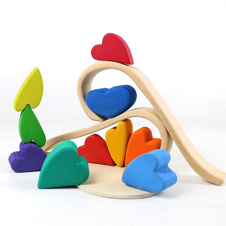 **Pre-order (Ships in 1-2 Weeks)**10-Piece Stained Wooden Rainbow Heart Stacking Puzzle Blocks