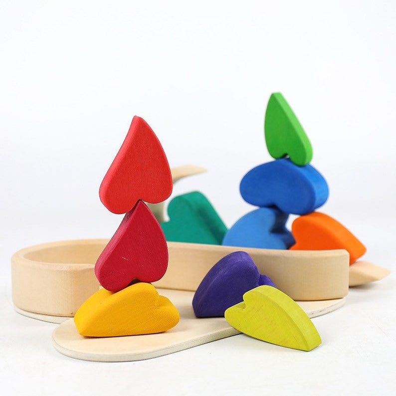 **Pre-order (Ships in 1-2 Weeks)**10-Piece Stained Wooden Rainbow Heart Stacking Puzzle Blocks