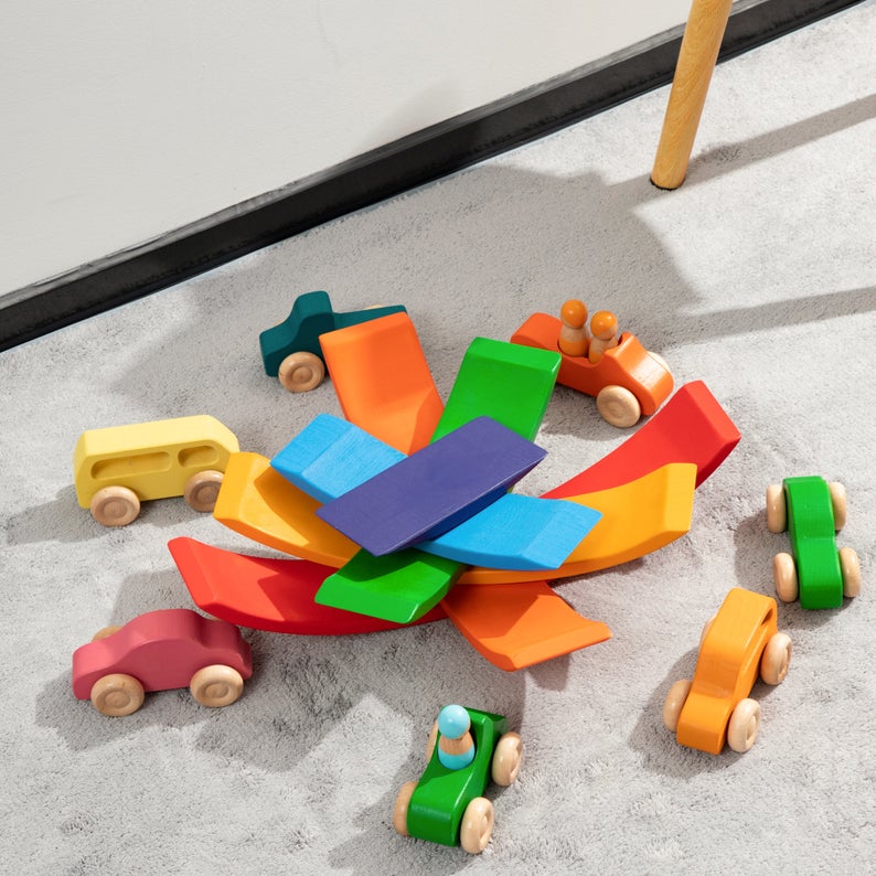 **Pre-order (Ships in 2-3 Weeks)**6-Piece Basswood Rainbow Bridge Building Blocks| Painted & Hand-Stained
