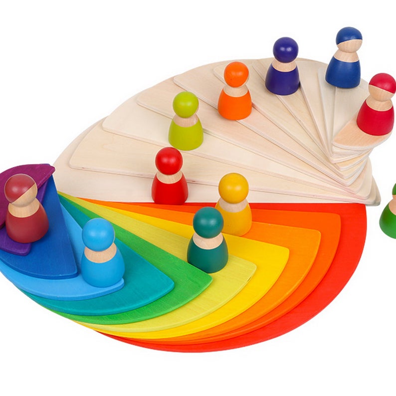 **Pre-order (Ships in 2-3 Weeks)**11-Piece Large Wooden Rainbow Stacking Semi-Circle Building Board Set – Natural Colors