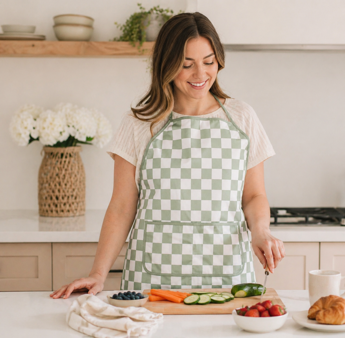 Sage Checkerboard Apron - fits sizes youth small through adult 2XL