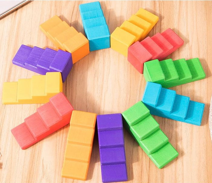 **Pre-order (Ships in 2-3 Weeks)**12-Piece Stained Stepped Roof Building Block Set — Primary Rainbow Colors
