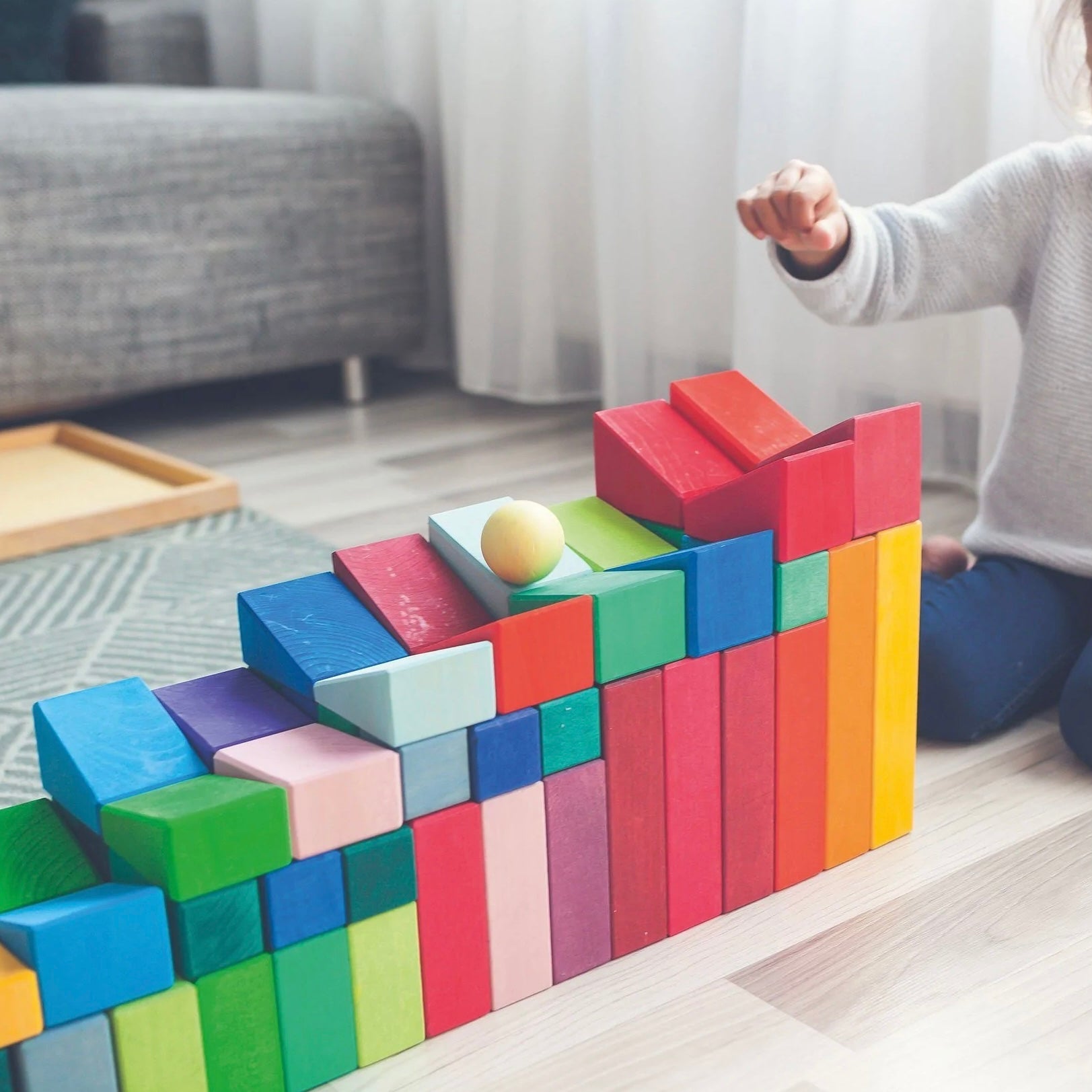 **Pre-order (Ships in 1-2 Weeks)**30 Pcs Stained Wooden Sloping Blocks – Primary Rainbow Colors with Storage Tray
