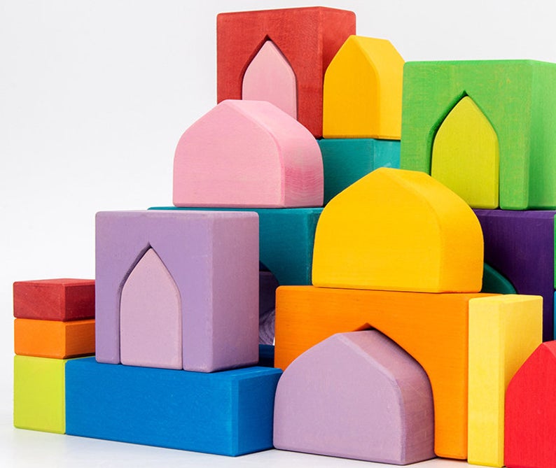 **Pre-order (Ships in 1-2 Weeks)**54 Pcs STAINED Arabian 1001 Nights Inspired Wooden Building Blocks Set with Tray