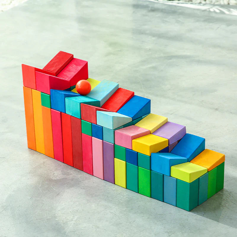 **Pre-order (Ships in 1-2 Weeks)**30 Pcs Stained Wooden Sloping Blocks – Primary Rainbow Colors with Storage Tray