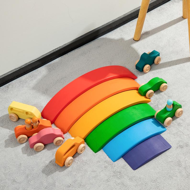 **Pre-order (Ships in 2-3 Weeks)**6-Piece Basswood Rainbow Bridge Building Blocks| Painted & Hand-Stained