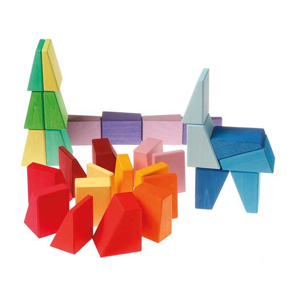 **Pre-order (Ships in 1-2 Weeks)**30 Pcs Stained Wooden Sloping Blocks – Primary Rainbow Colors with Storage Tray