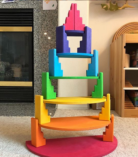 **Pre-order (Ships in 2-3 Weeks)**12-Piece Stained Stepped Roof Building Block Set — Primary Rainbow Colors