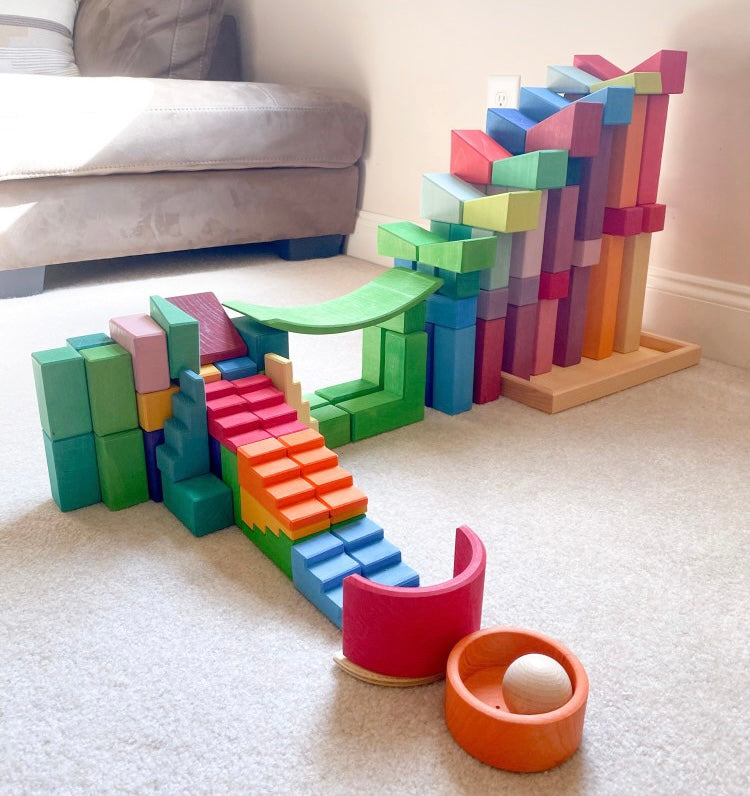 **Pre-order (Ships in 2-3 Weeks)**12-Piece Stained Stepped Roof Building Block Set — Primary Rainbow Colors
