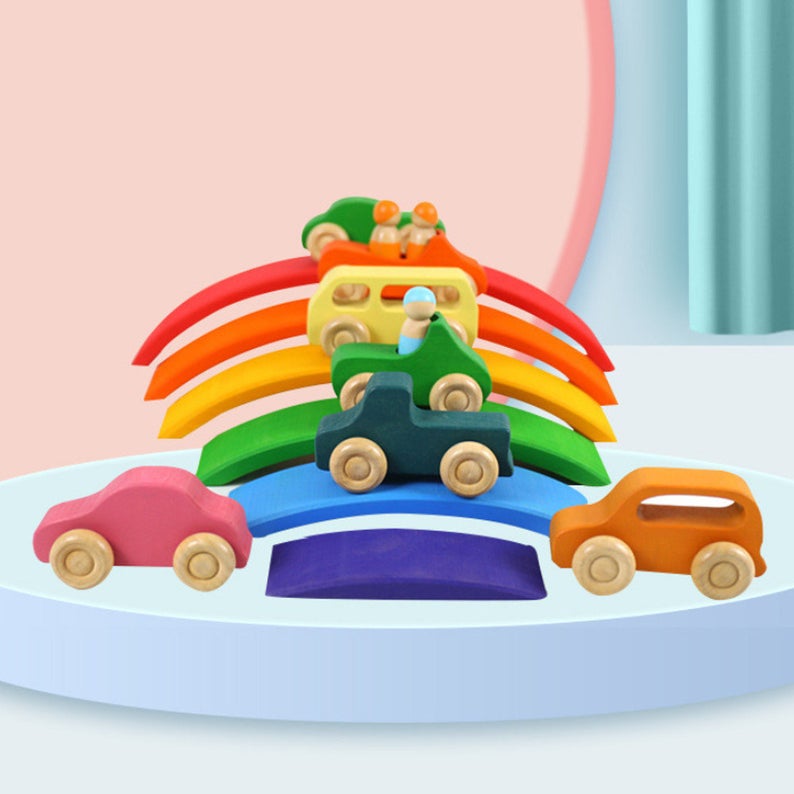 **Pre-order (Ships in 2-3 Weeks)**6-Piece Basswood Rainbow Bridge Building Blocks| Painted & Hand-Stained