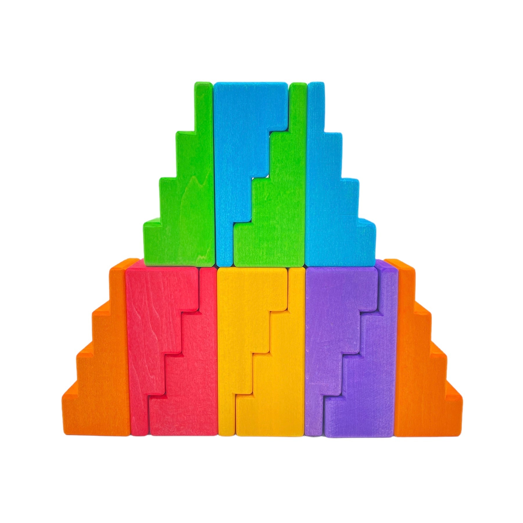 **Pre-order (Ships in 2-3 Weeks)**12-Piece Stained Stepped Roof Building Block Set — Primary Rainbow Colors