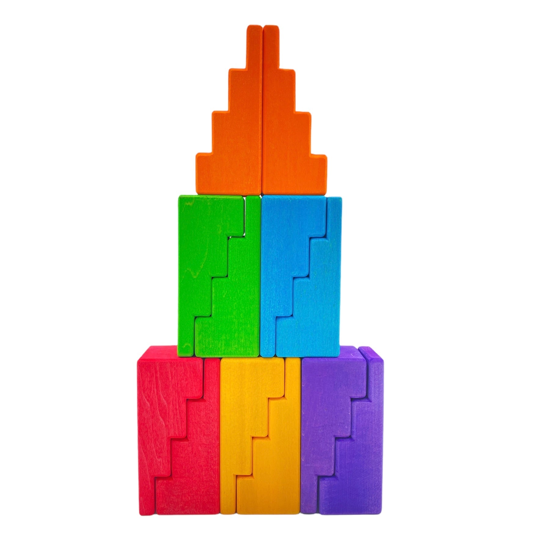 **Pre-order (Ships in 2-3 Weeks)**12-Piece Stained Stepped Roof Building Block Set — Primary Rainbow Colors