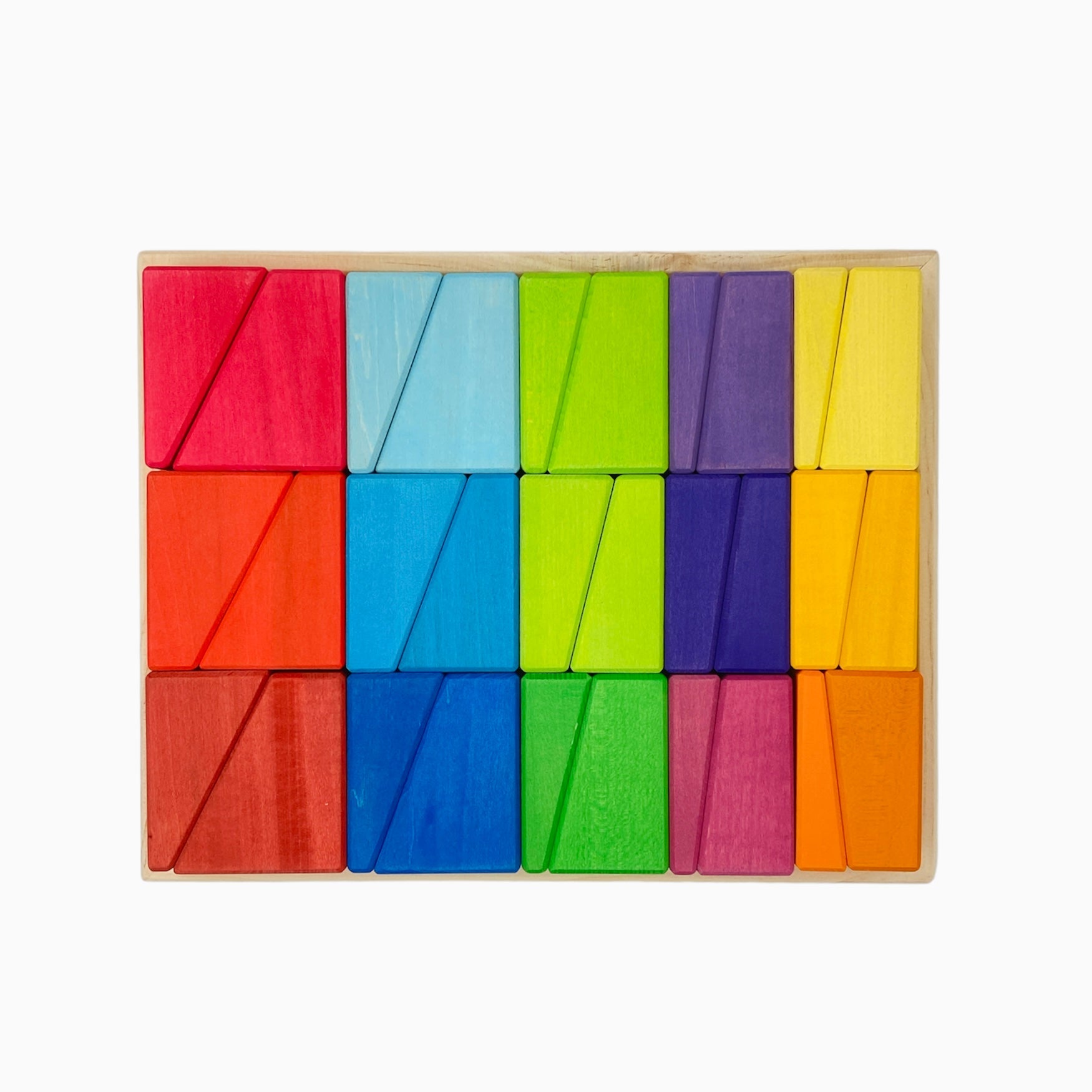 **Pre-order (Ships in 1-2 Weeks)**30 Pcs Stained Wooden Sloping Blocks – Primary Rainbow Colors with Storage Tray