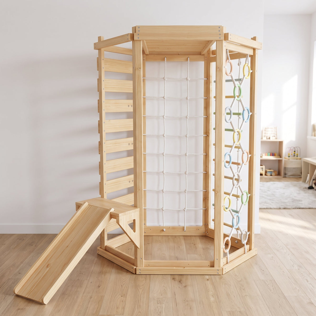 Hawthorn Indoor Playground | 93" Montessori Climbing Gym with Slide & Rope Net