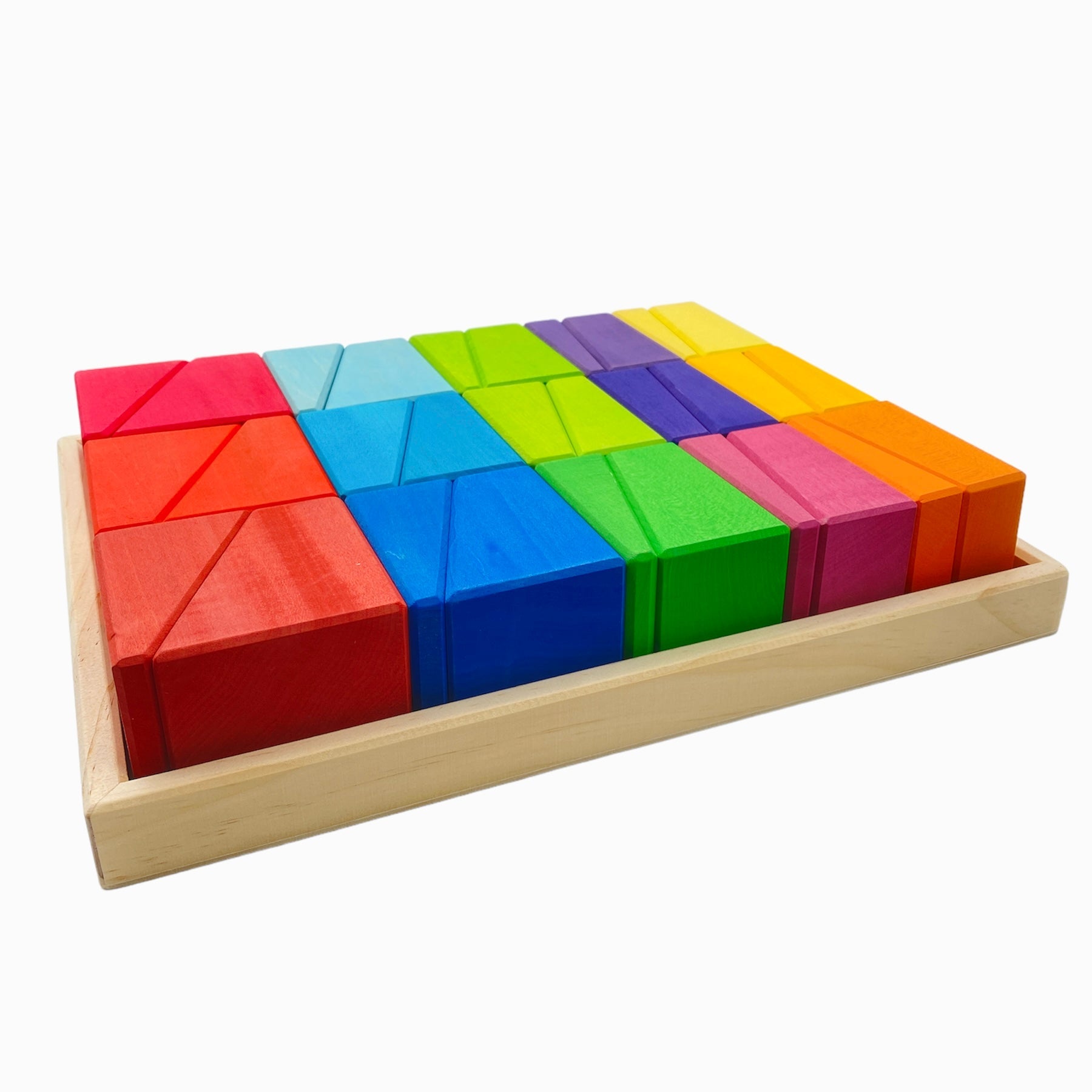 **Pre-order (Ships in 1-2 Weeks)**30 Pcs Stained Wooden Sloping Blocks – Primary Rainbow Colors with Storage Tray