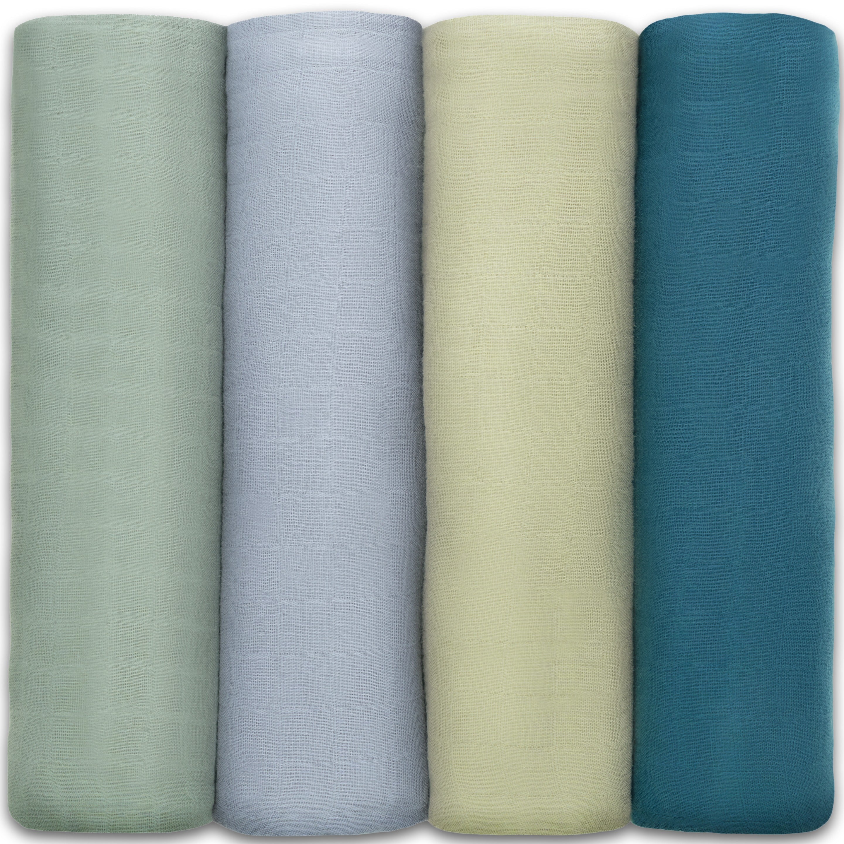 Muslin Swaddle Blankets, 4 Pack by Comfy Cubs - Sage, Pacific Blue, Fern, Neptune