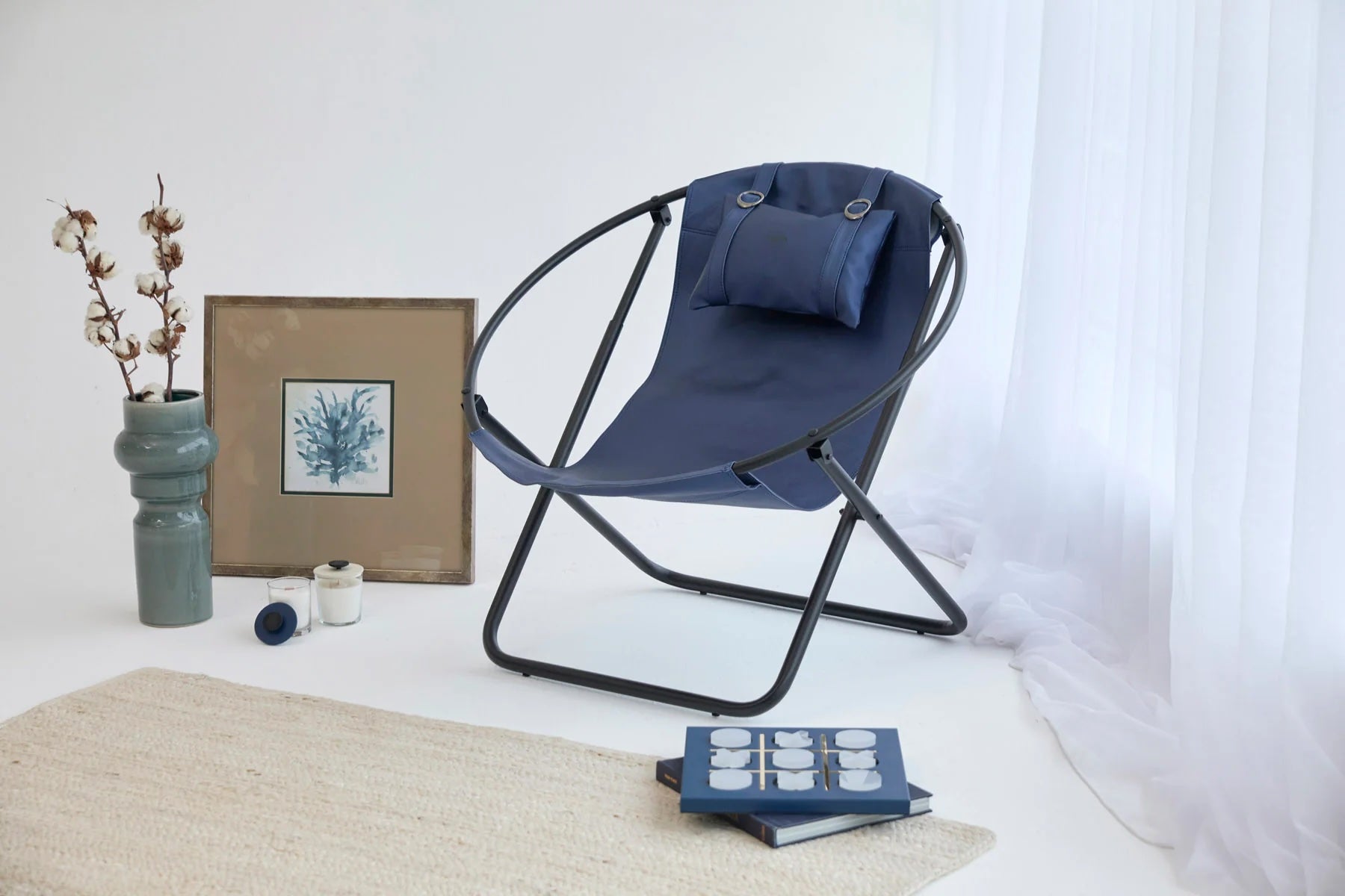 Faux Leather Folding Chair Metal Frame Indigo