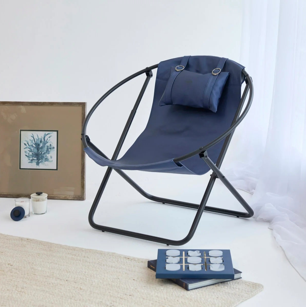 Faux Leather Folding Chair Metal Frame Indigo