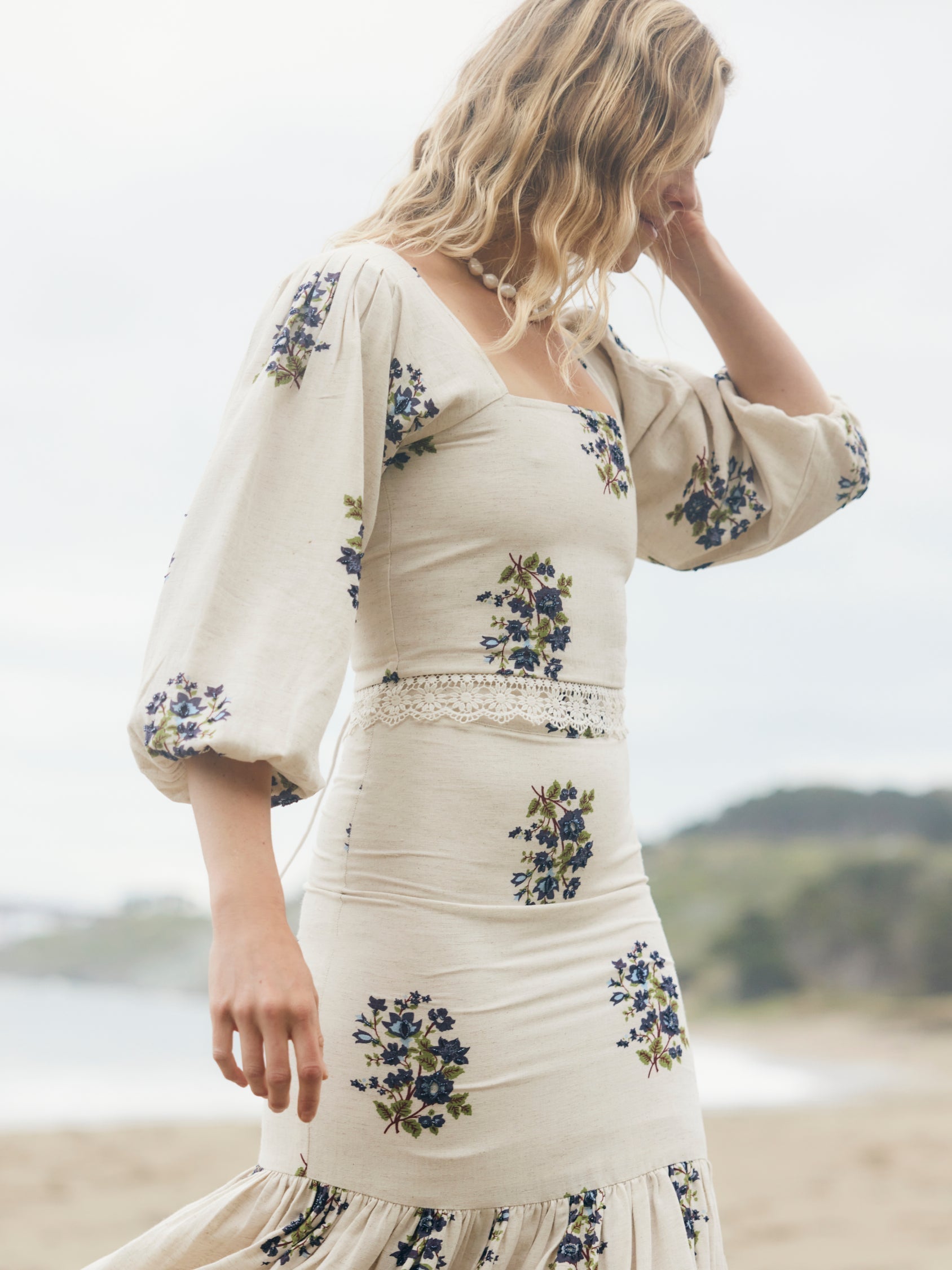 Maysie Puff Sleeve Top - Oatmeal Bluesy Beaded Floral