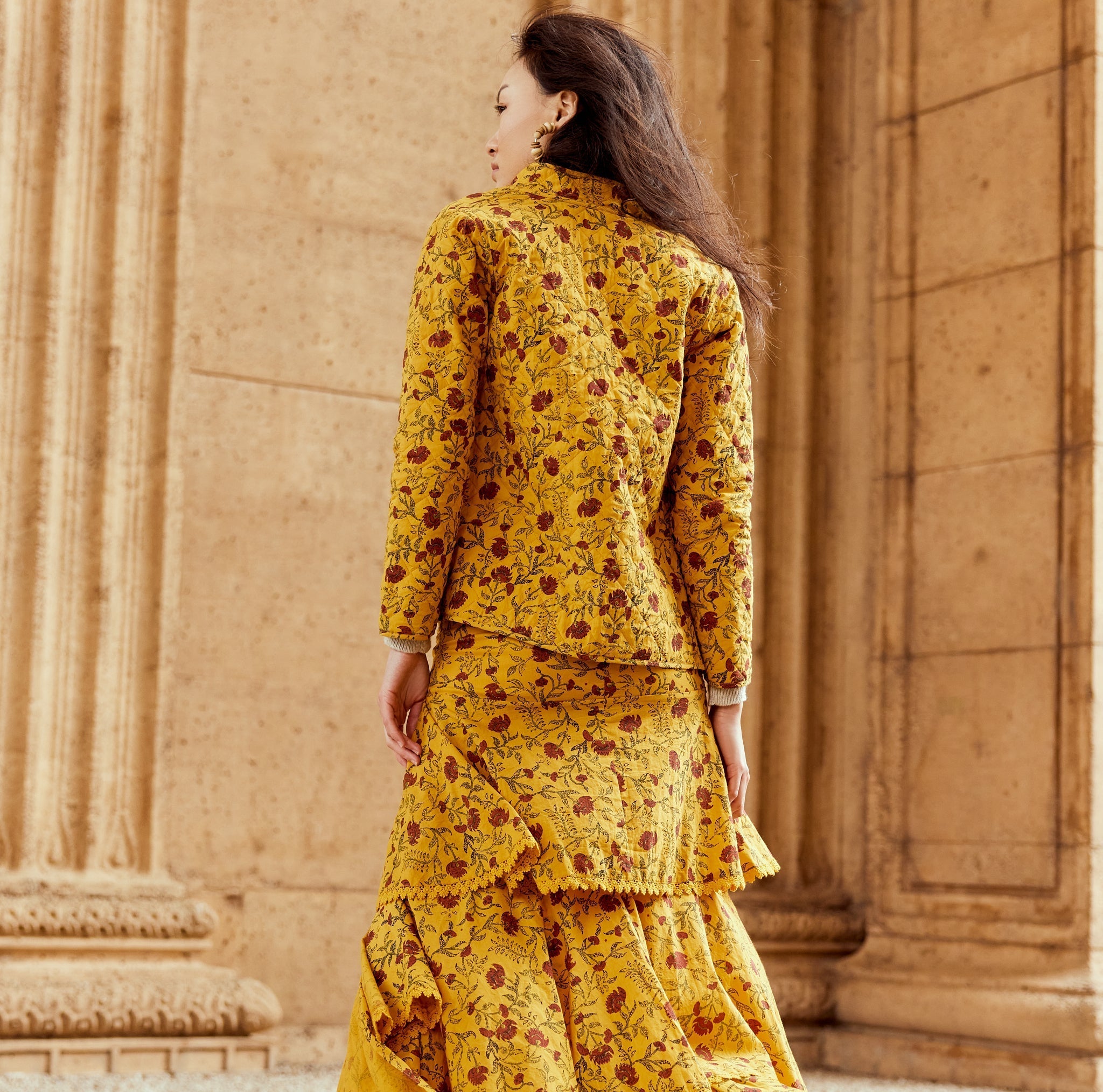 Nancy Reversible Quilted Jacket - Golden Marguerite/Chili Floral Print & Faded Black/Golden Floral Prints