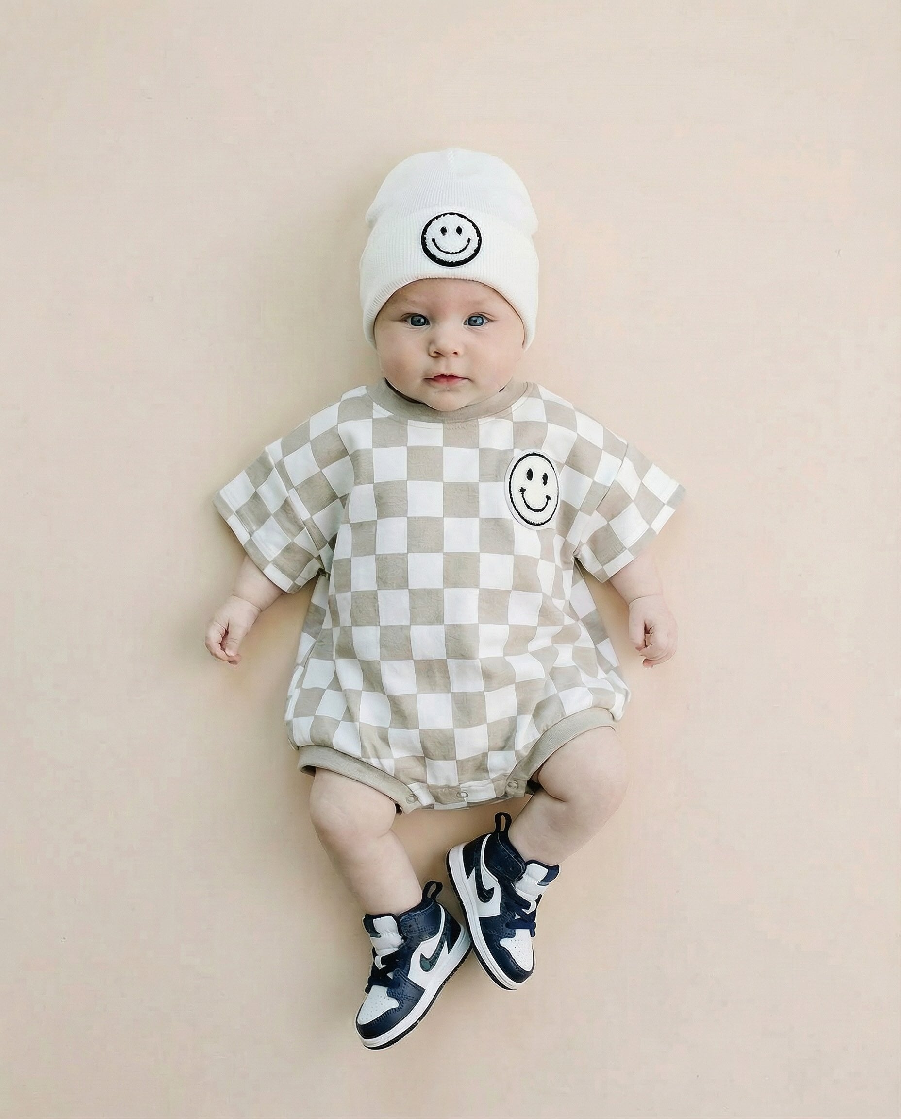 Short Sleeve Bubble Romper | Checkered Smiley Latte