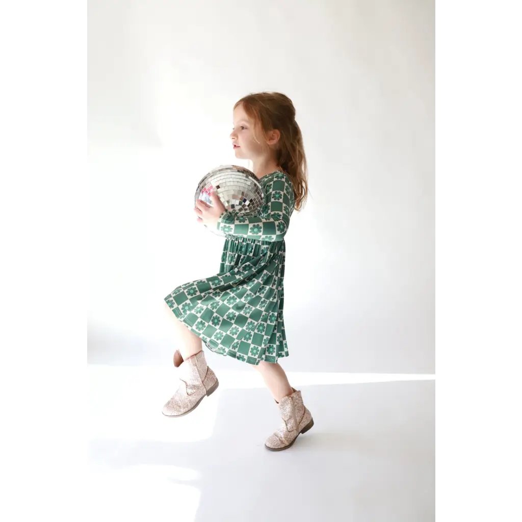 Lily Flower Check Long Sleeved Twirl Dress for Girls
