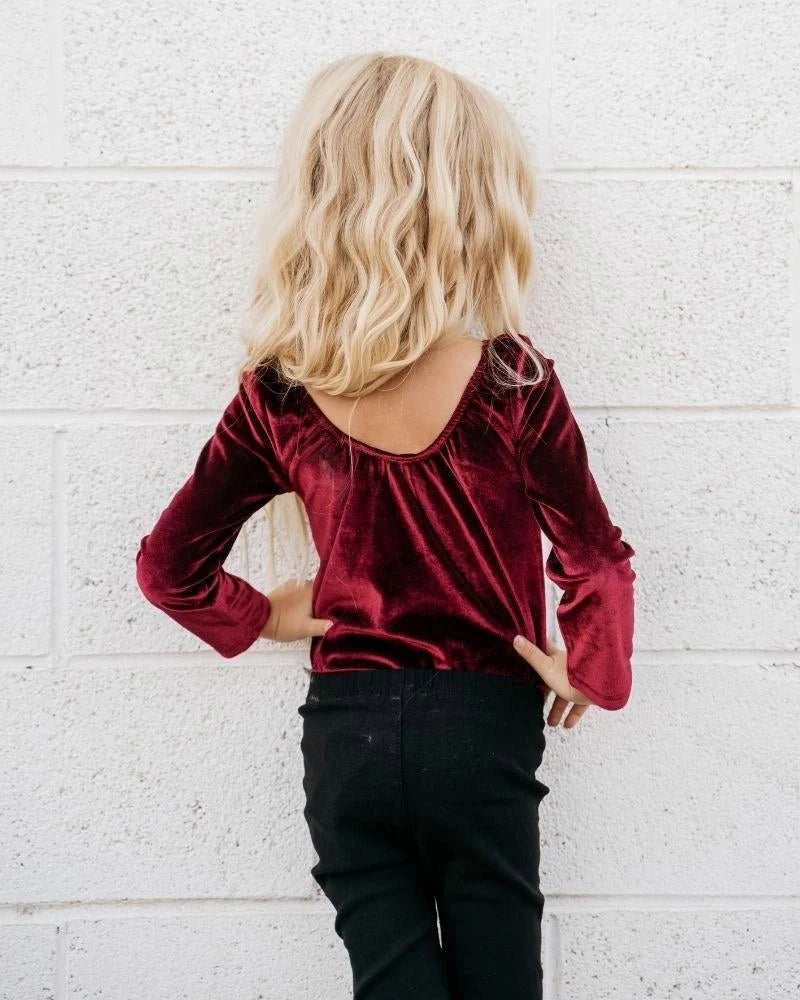 Livee Long Sleeve Velour Leotard - Cranberry