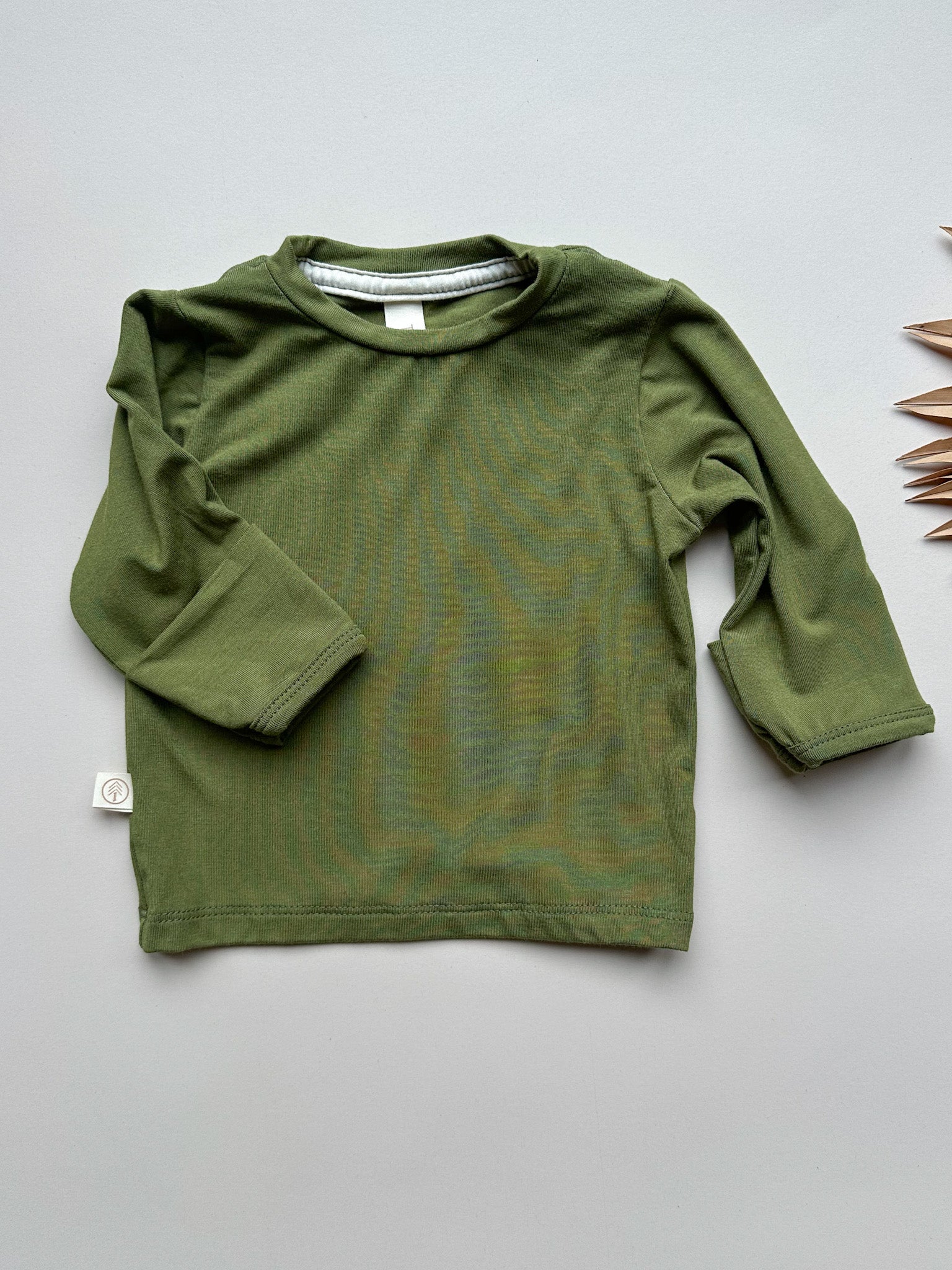 0/3m, 3/6m | Long Sleeve Crew Neck Tee with Mittens | Baby & Toddler | Luxury Bamboo | Olive