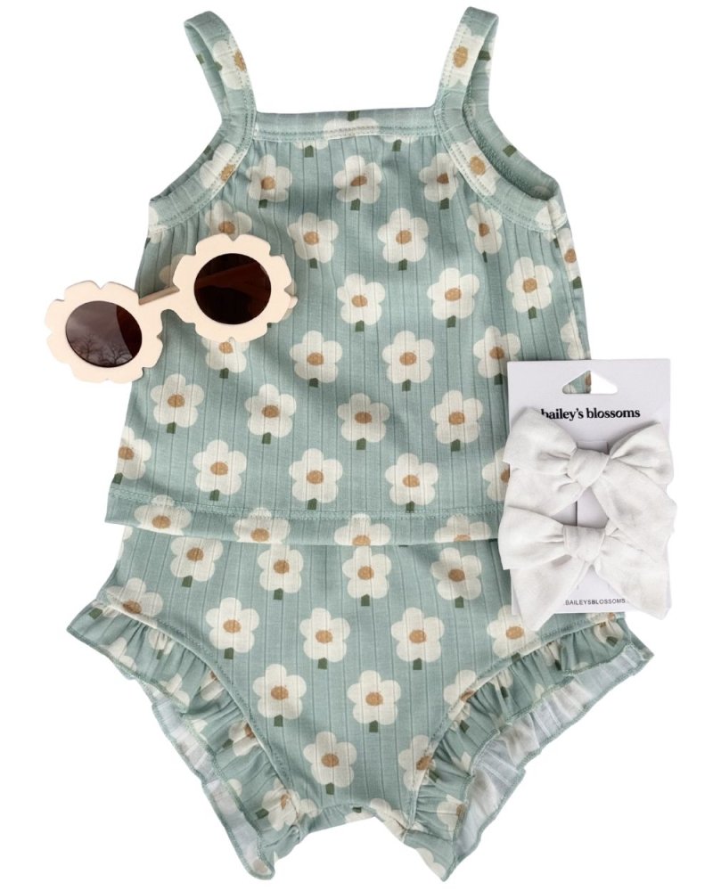 Luna Top & Bloomer Set - Green Daisy