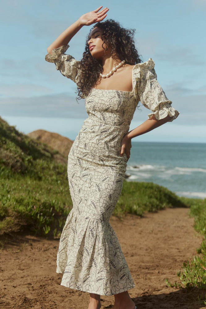 Maggie Embroidered Puff Sleeve Dress - Sand/Moonless Night Floral Outline Embroidery - FINAL SALE