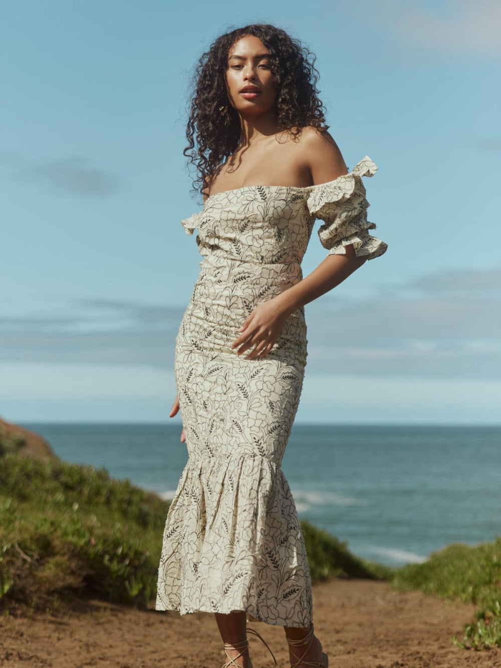 Maggie Embroidered Puff Sleeve Dress - Sand/Moonless Night Floral Outline Embroidery - FINAL SALE
