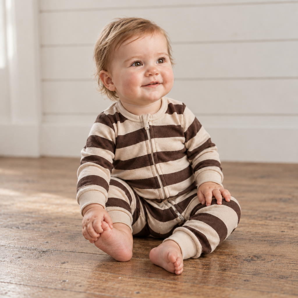 Organic 2-Way Zip Romper - Mocha Stripe