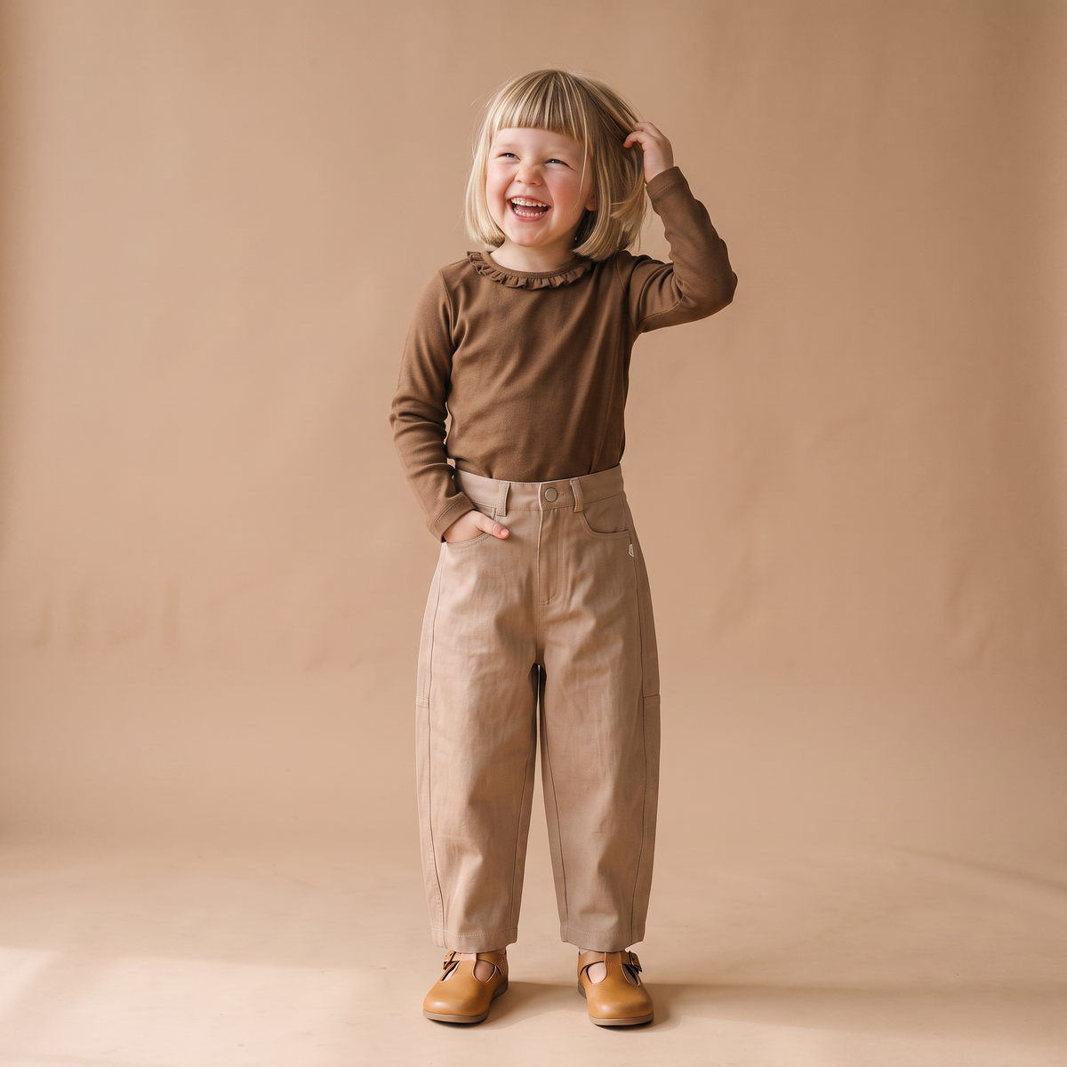 Organic Ruffle Neck Top - Brown