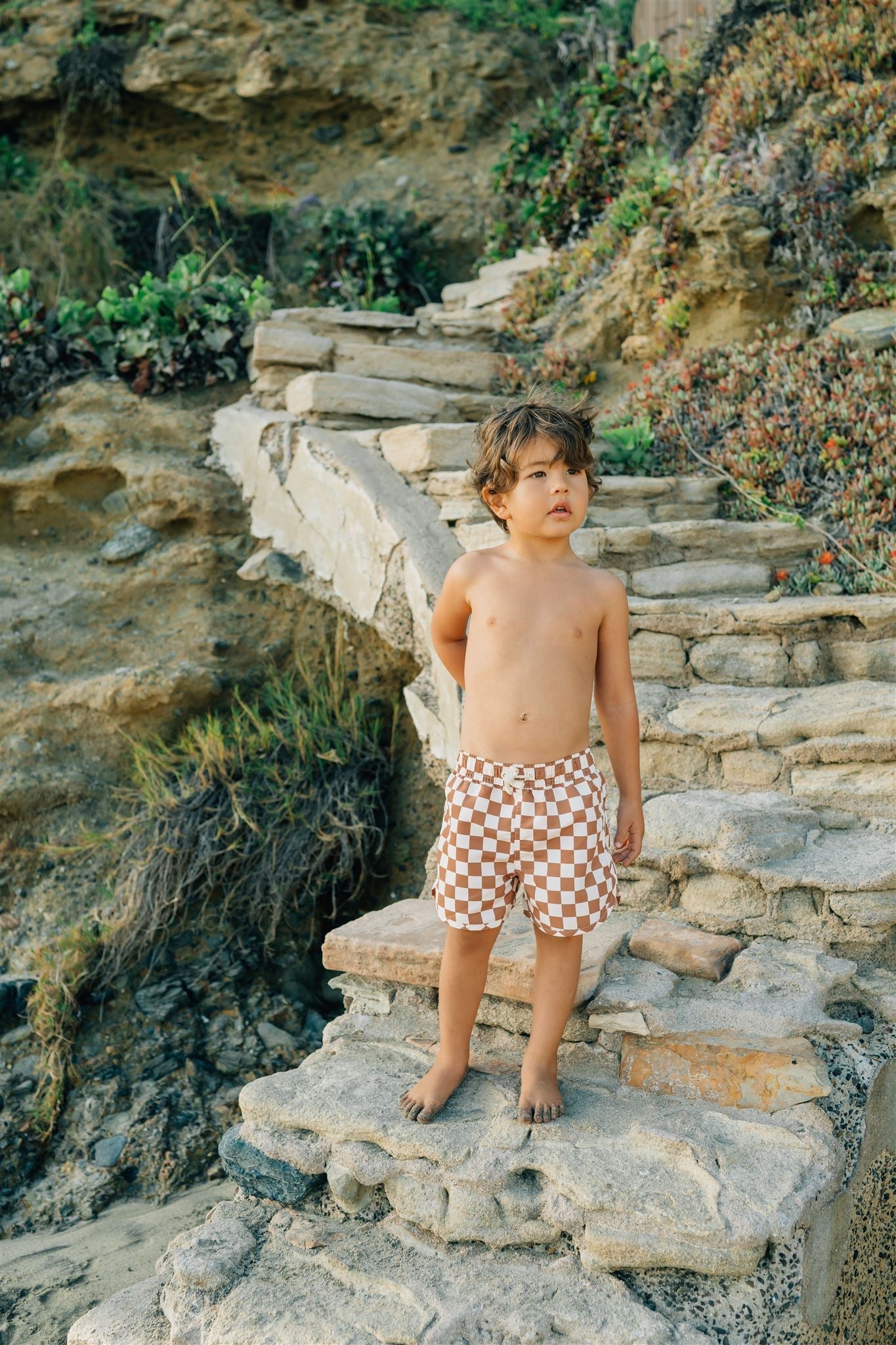 Rust Checkered Swim Shorts  Mebie Baby   