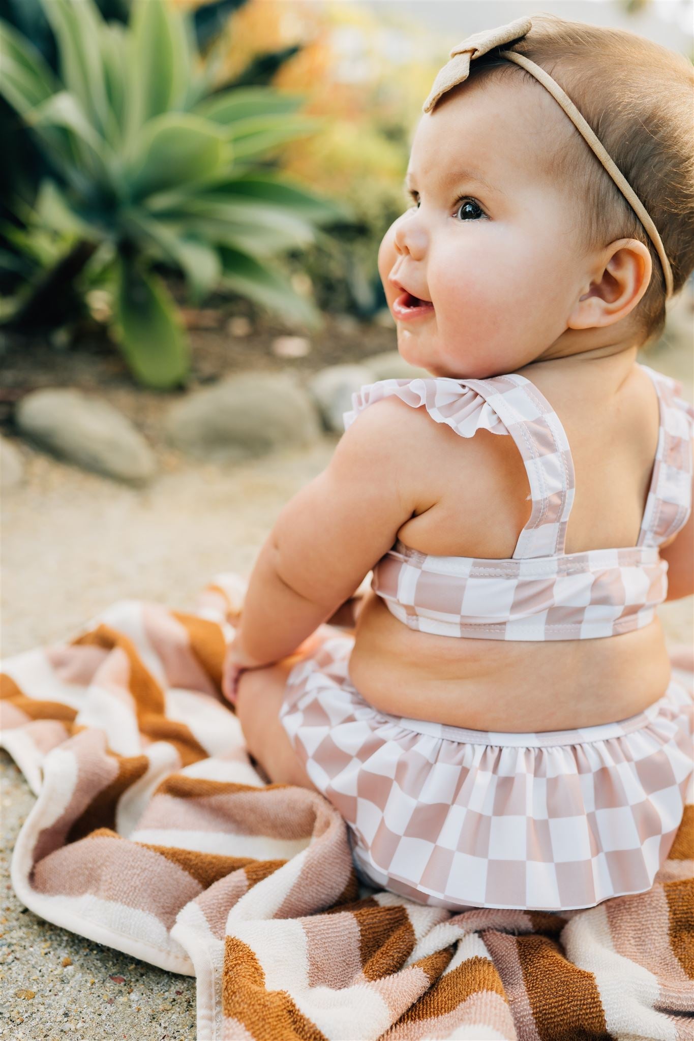 Taupe Checkered Ruffle Bikini Set  Mebie Baby   