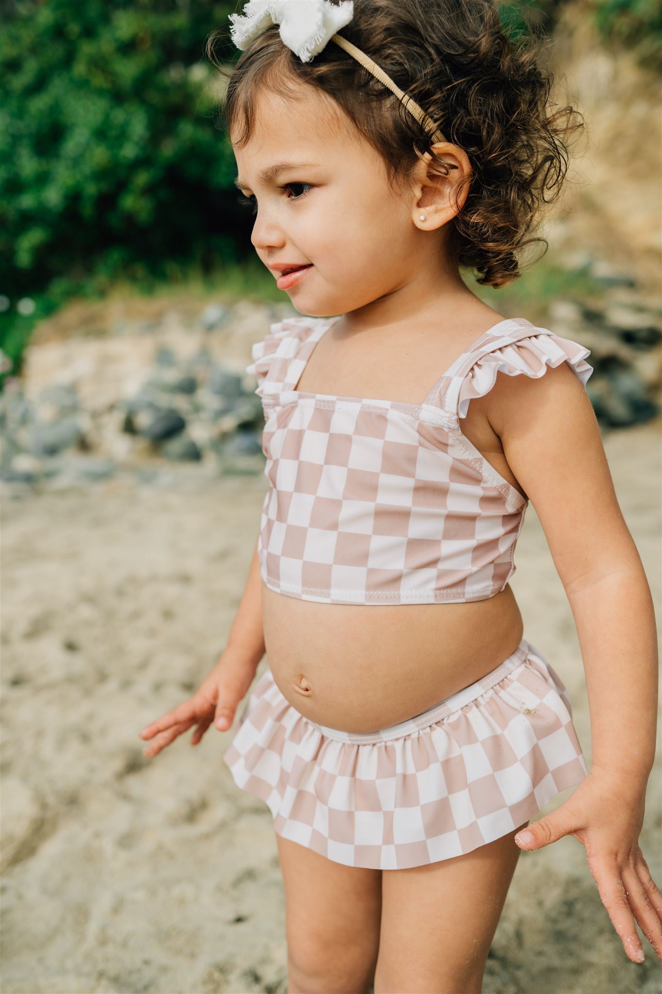 Taupe Checkered Ruffle Bikini Set  Mebie Baby   