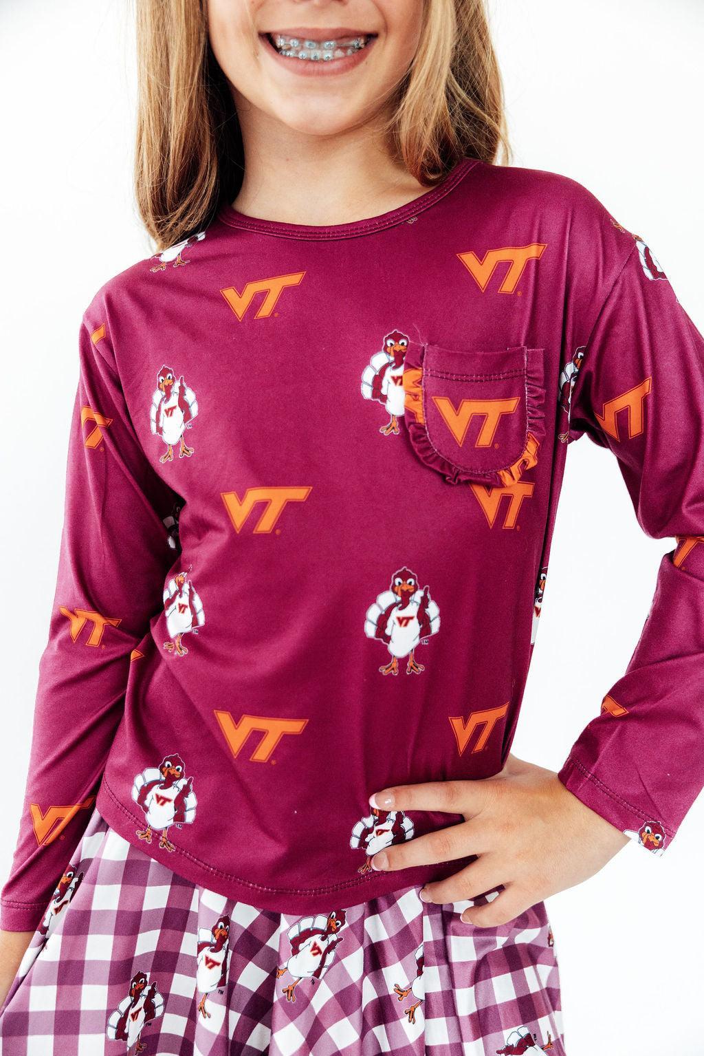 Virginia Tech Maroon Hokie L/S Ruffle Pocket Tee