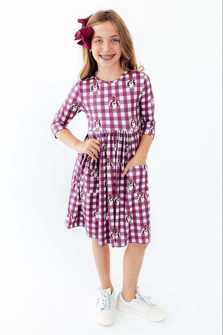 Virginia Tech Plaid Hokie 3/4 Sleeve Pocket Twirl Dress