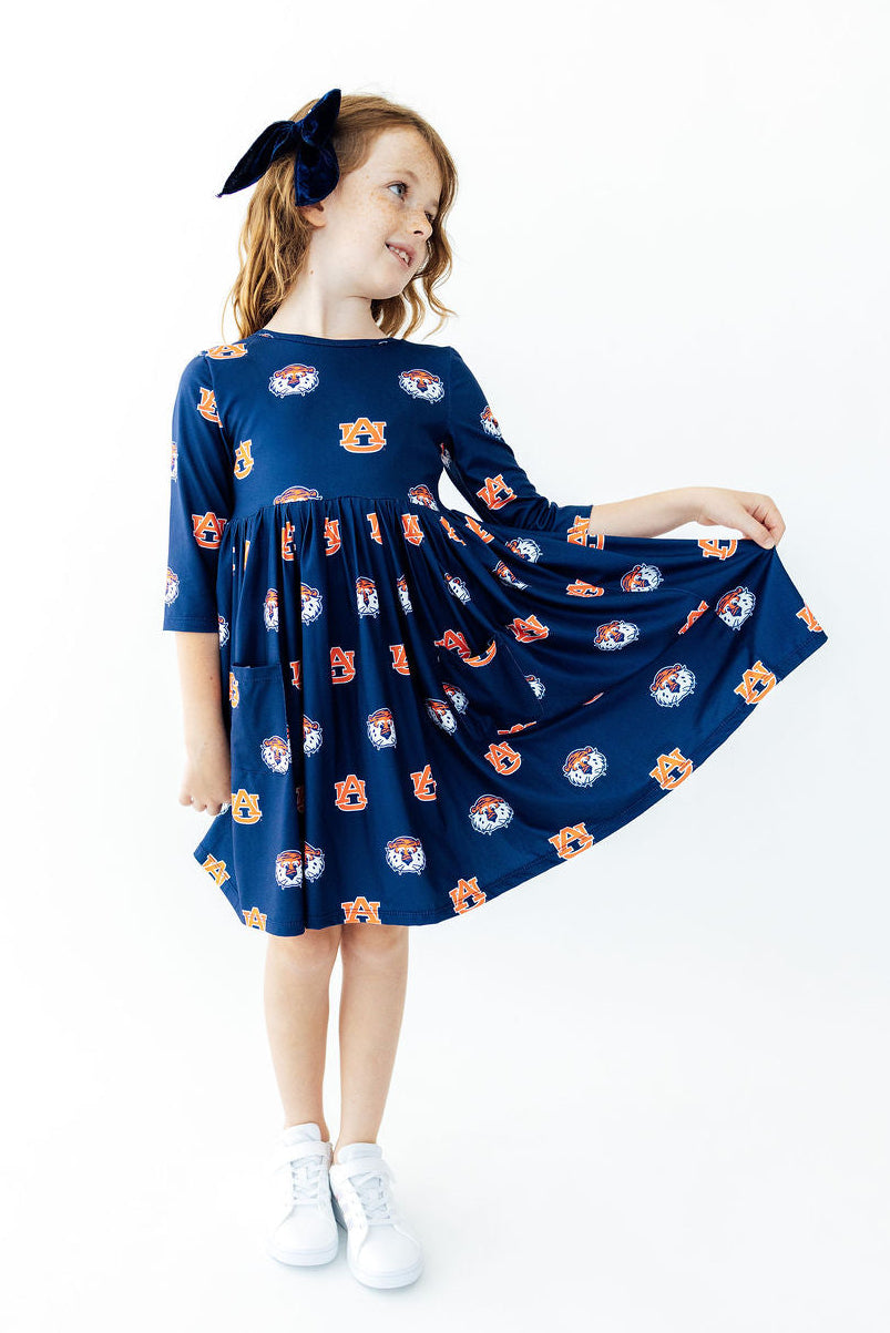 Auburn Blue Aubie 3/4 Sleeve Pocket Twirl Dress